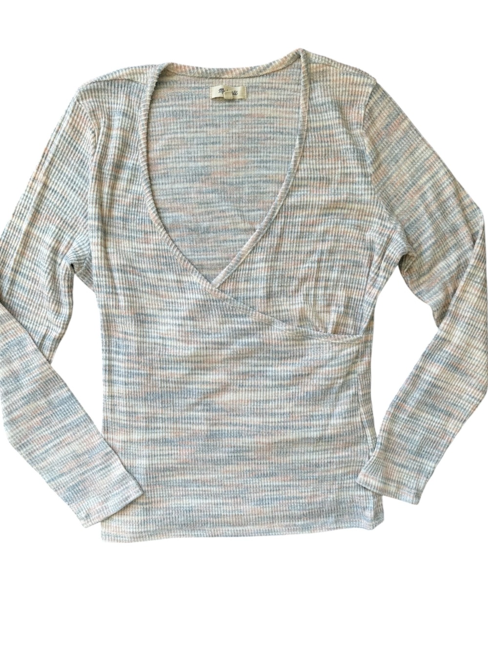 Madewell XL Ribbed Wrap Sweater Knit Long Sleeve Top Neutral Cozy Fall Stripes